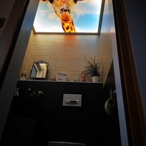 Decke mit Giraffenmotiv und Himmel in modernem, stilvoll eingerichtetem Badezimmer.