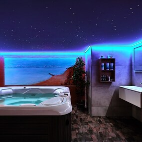 Modernes Wellnessbad mit Whirlpool, LED-Beleuchtung, Sternenhimmel und maritimer Wandmalerei.